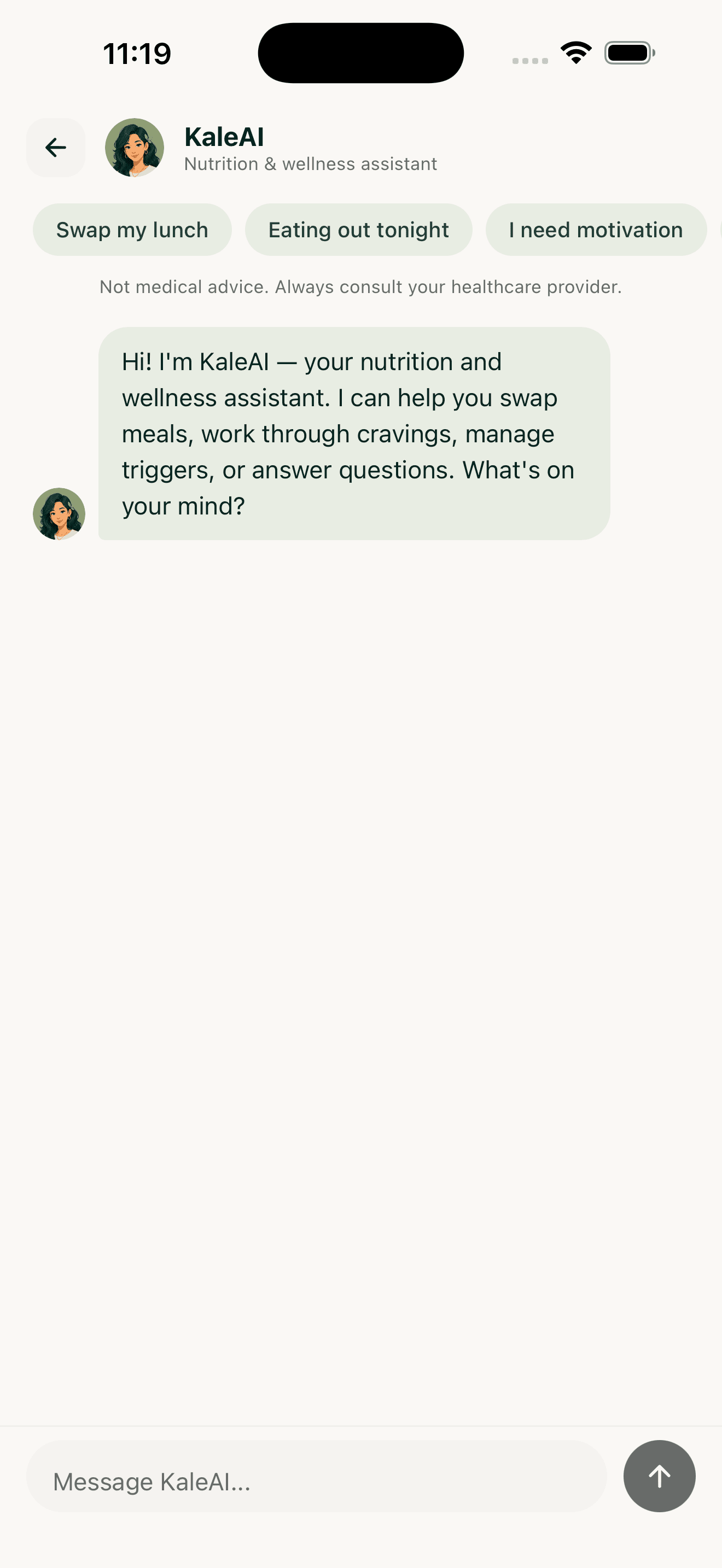 KaleAI mobile app showing a chat conversation with the assistant.