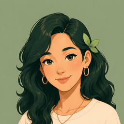 Editorial portrait of KaleAI — a thoughtful young woman with dark wavy hair and a small sage leaf tucked behind her ear, framed like a magazine photograph.